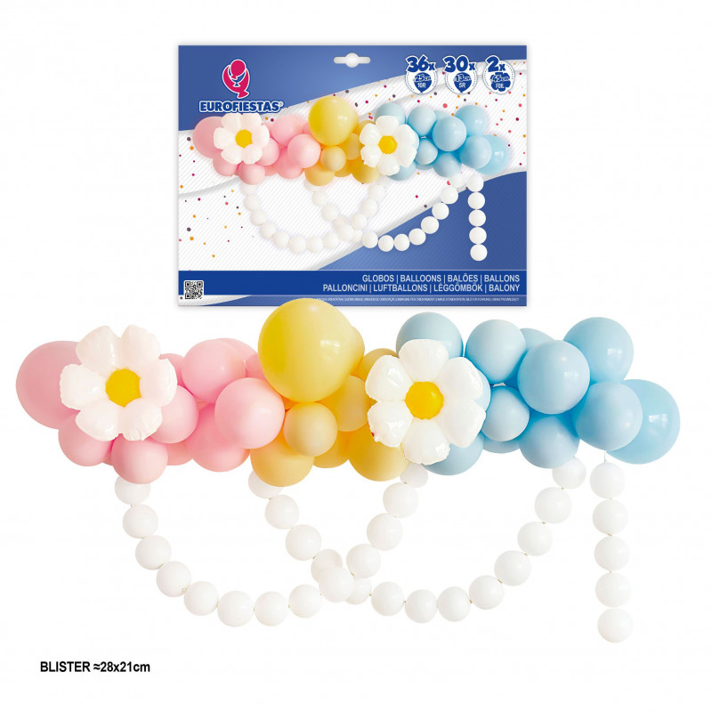 Conjunto orgânico de balões pastel e margaridas com corrente de balões.
