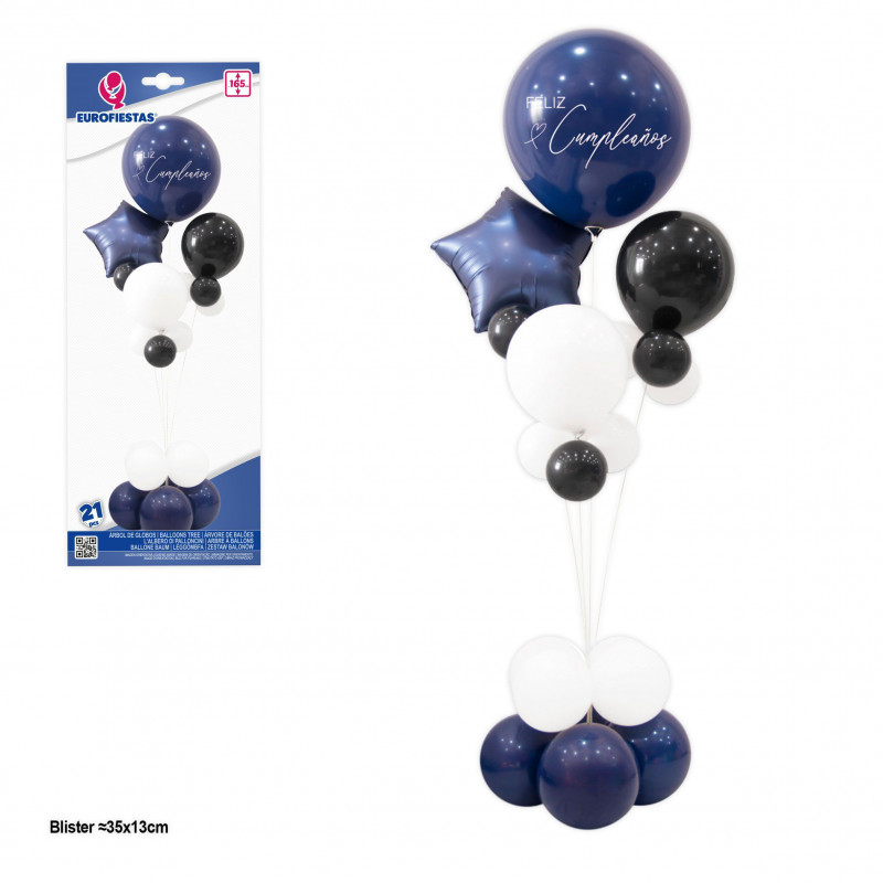 Árvore de balões feliz aniversário com estrela azul marinho