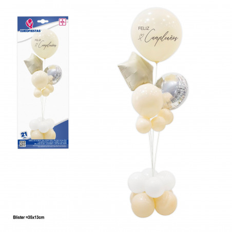 Árvore de balões feliz aniversário com estrela bege