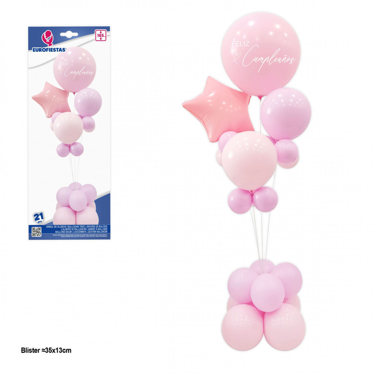 Árvore de balões feliz aniversário com estrela rosa