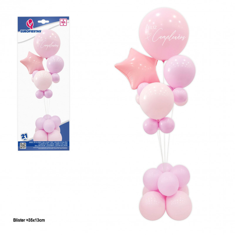 Árvore de balões feliz aniversário com estrela rosa
