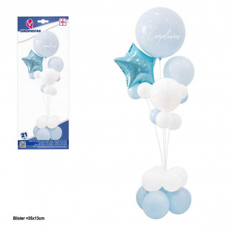 Árvore de balões feliz aniversário com estrela celeste.