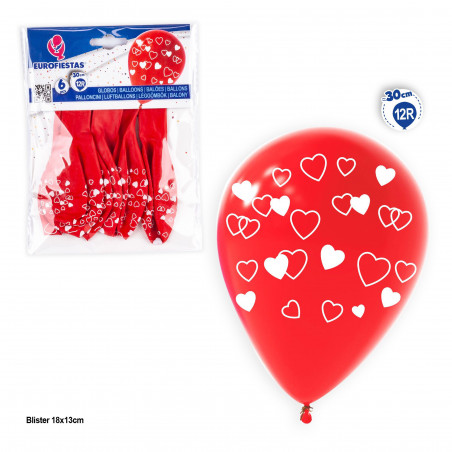 Balões 12r 6pcs corações impressos vermelhos ocos e cheios de branco
