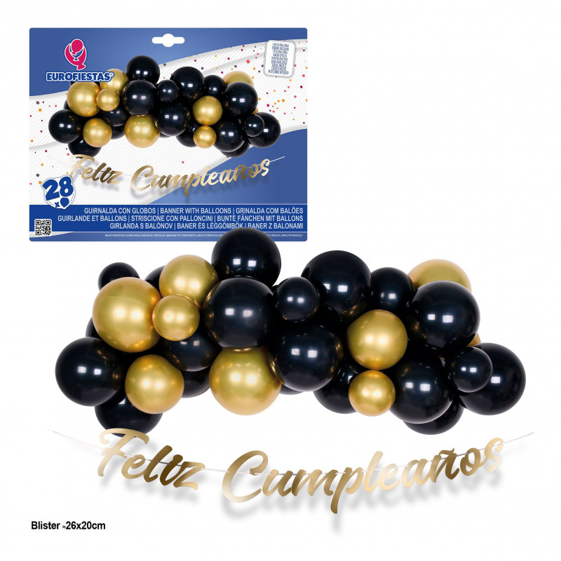 Conjunto de nuvem de balões 28pcs preto e ouro com guirlanda feliz aniversário ouro.