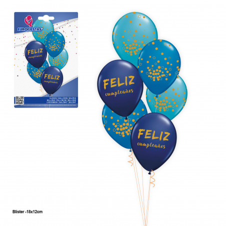 Conjunto de 6pcs balões azuis vários impressos feliz aniversário dourado