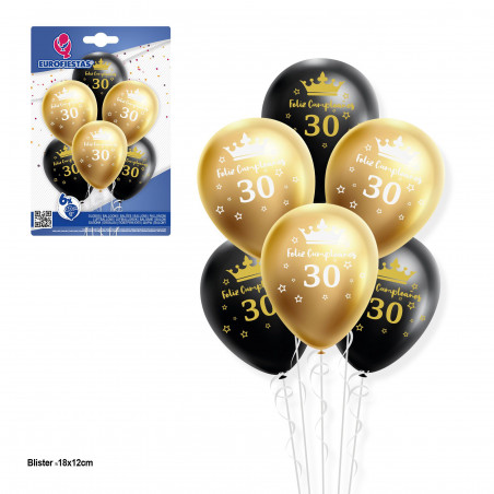 Conjunto de balões 12r 6pcs dourado e preto feliz aniversário 30