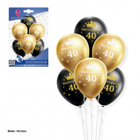 Conjunto de balões 12r 6pcs ouro e preto feliz aniversário 40