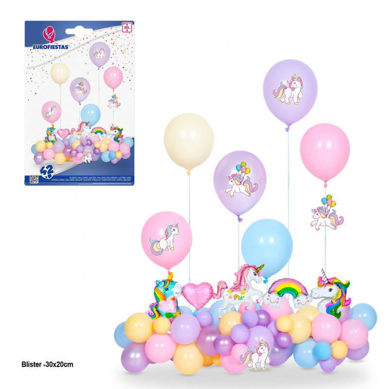 Conjunto de 42 balões unicórnio 6 suportes max 125cm