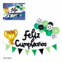 Conjunto de 15 globos feliz aniversário futebol copa nuvem e guirlanda de bandeirinhas.