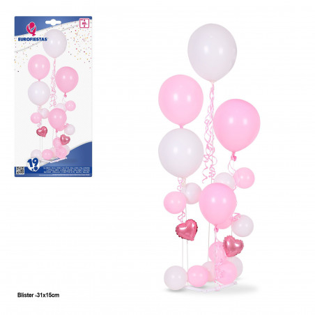 Conjunto de 19 balões rosa e branco, 5 suportes, max 80cm.