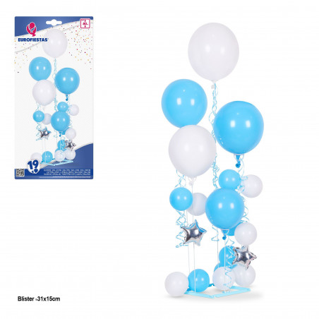 Conjunto de 19 balões azuis e brancos 5 suportes max 80cm