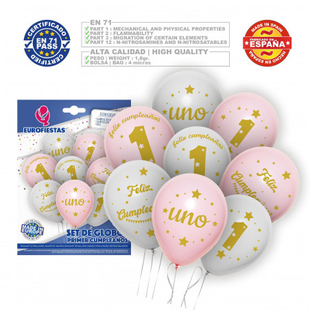 Conjunto de balões de primeiro aniversário rosa e branco