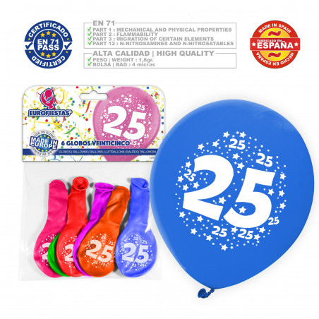 Balão cores sortidas 9r número 25 estampado6 unidades