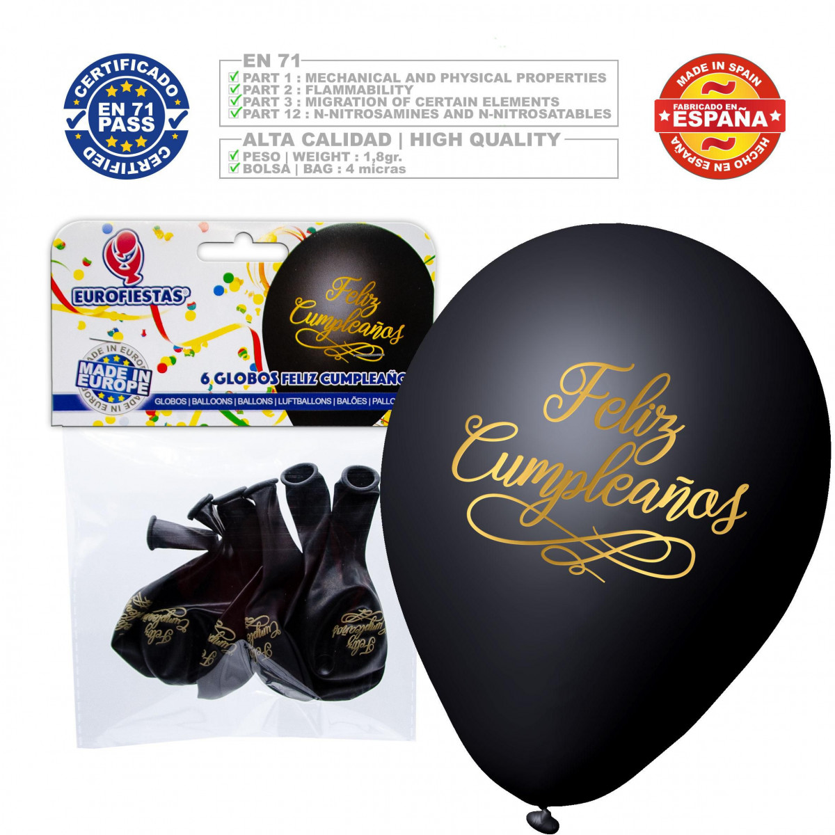 Balões negros feliz aniversário ouro