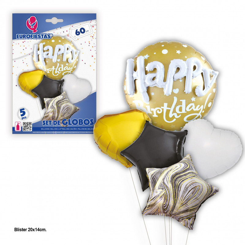 Conjunto de balões feliz aniversário corações e estrelas.