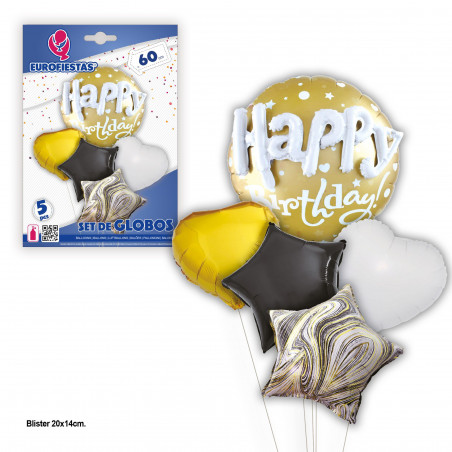 Definir balões de feliz aniversário, corações e estrelas