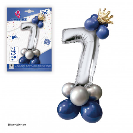 Conjunto de globo foil corona 80cm 7 prata azul