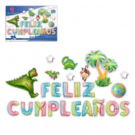 Conjunto de balões de folha de dinossauro de feliz aniversário