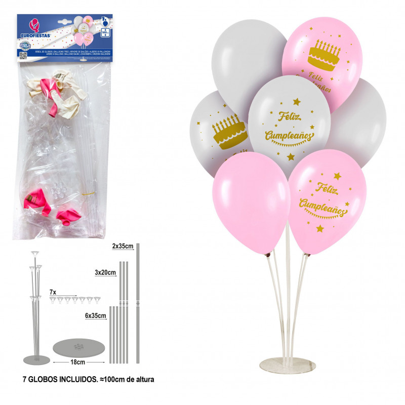 Árvore de balões feliz aniversário bolos rosa e branco