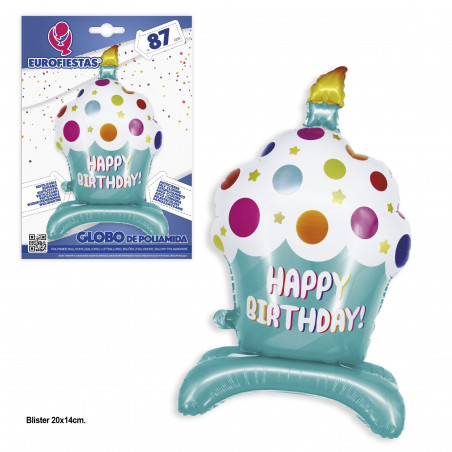 Feliz aniversário torta de cupcake balão de folha de polca azul