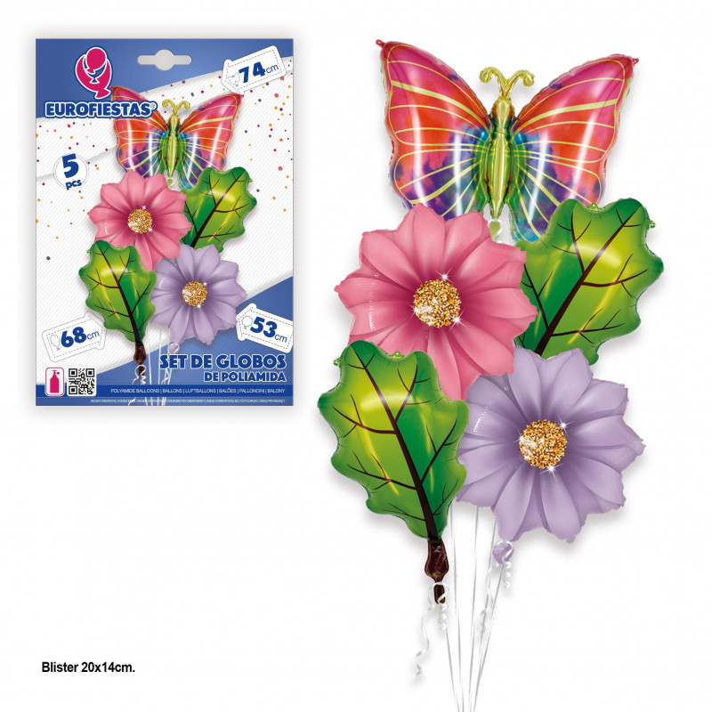 Conjunto de balões, flores, folhas e borboleta.