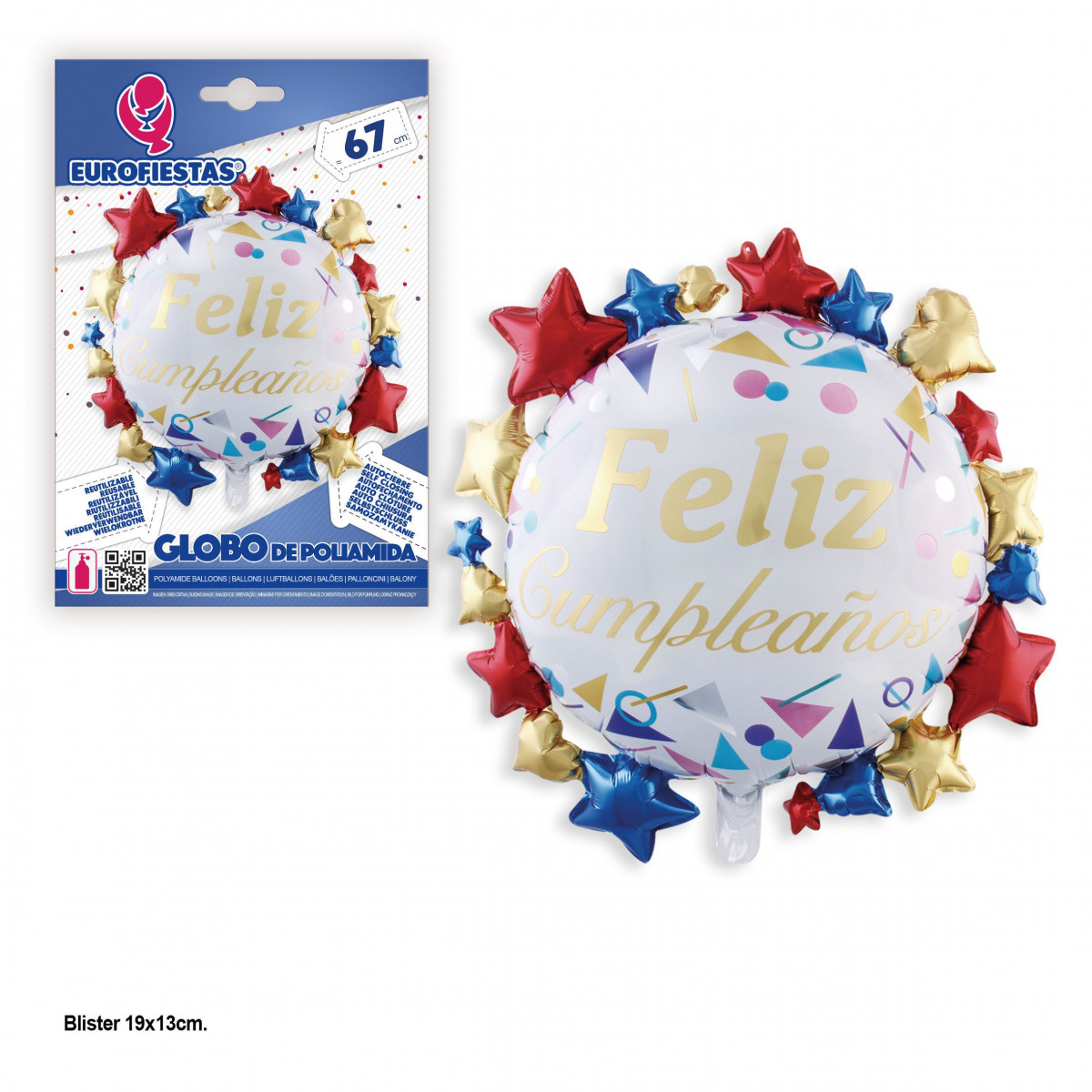 Globo de foil feliz aniversário branco com estrelas 67x67cm