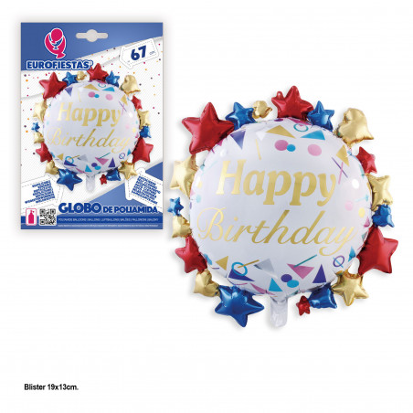 Balão feliz aniversário branco com estrelas 67x67cm