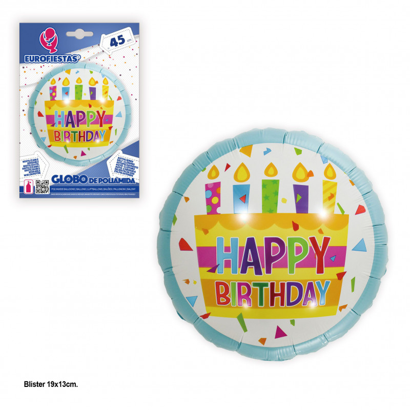 Balão foil 45cm redondo feliz aniversário bolo azul