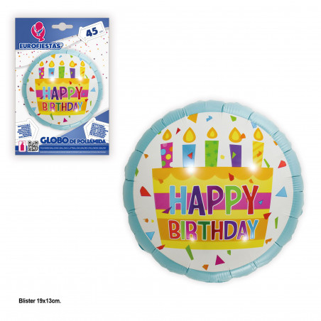 Balão foil 45cm redondo feliz aniversário bolo azul