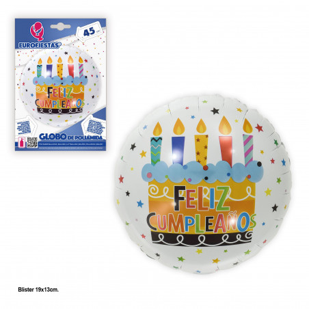 Balão foil 45cm redondo bolo feliz aniversário branco