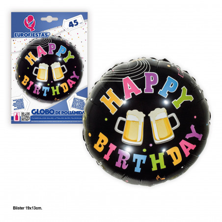 Balão foil 45cm redondo feliz aniversário cervejas preto
