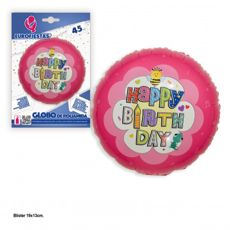 Balão foil 45cm redondo feliz aniversário rosa abelha