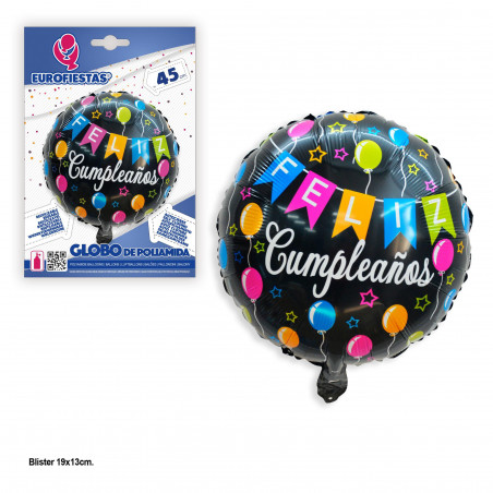 Balão Foil Preto Redondo de Feliz Aniversário