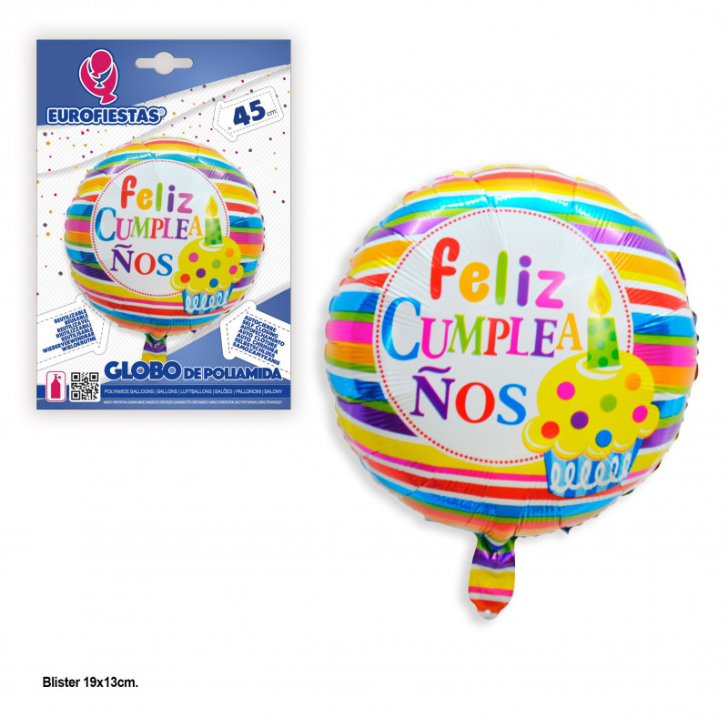Globo foil redondo listras cores feliz aniversário