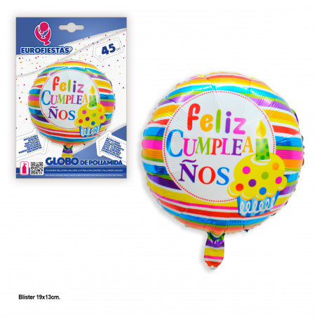 Balão foil redondo com listras coloridas feliz aniversário