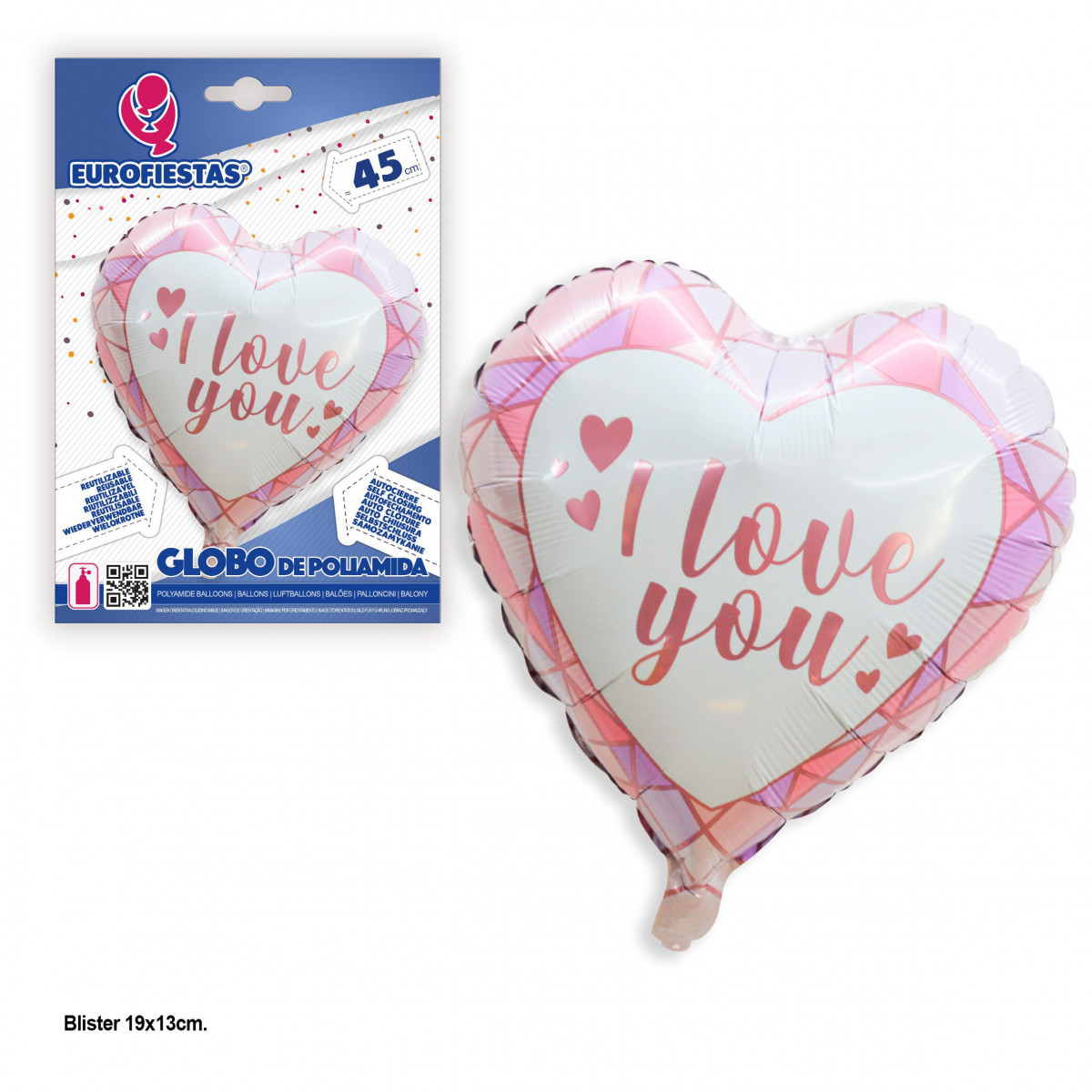 Globo foil forma coração eu te amo polígonos rosa