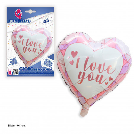 Globo foil forma coração eu te amo polígonos rosa