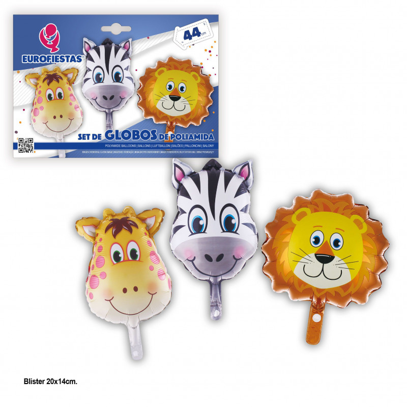 Conjunto de balões de alumínio de 44 cm com girafa, zebra e leão