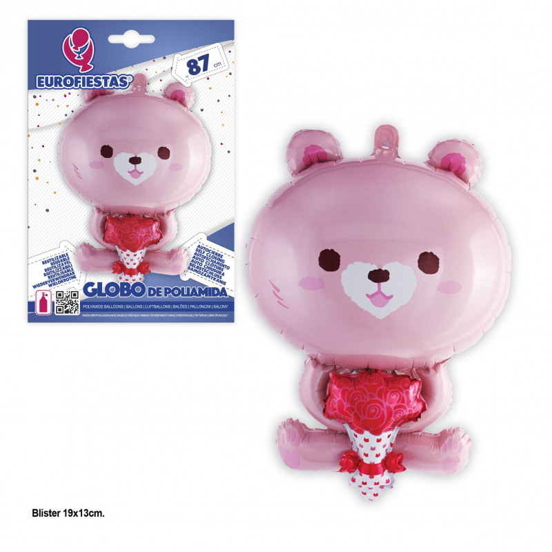 Globo foil de pé ursinho rosa 87cm