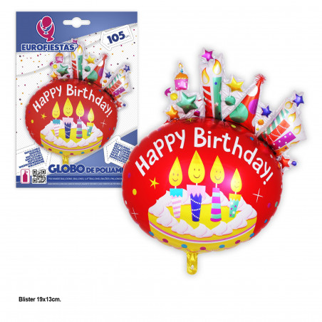 Balão metalizado redondo com velas de feliz aniversário vermelho 105 cm