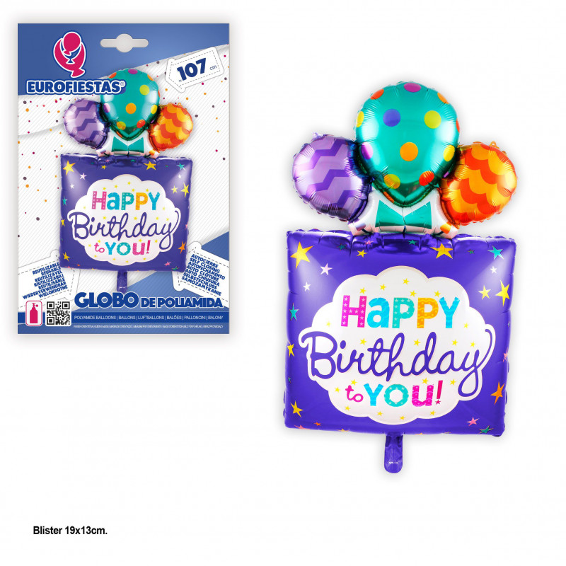 Globo foil feliz aniversário com balões azuis 107cm