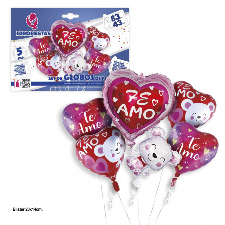 Conjunto de balões de foil com corações e ursos eu te amo
