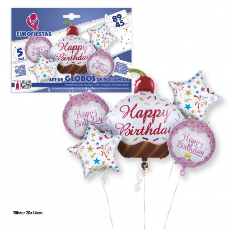 Conjunto de balões de feliz aniversário com cobertura pastel