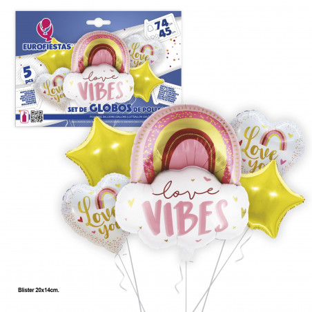 Conjunto de balões metalizados com vibrações de amor em nuvem arco-íris de 74 cm