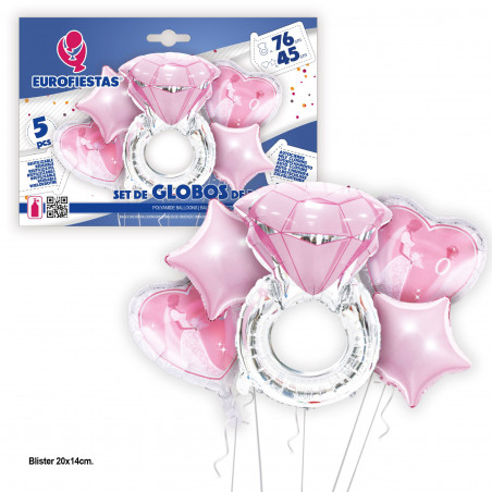 Conjunto de balões metalizados com anel de diamante prateado e rosa de 76 cm