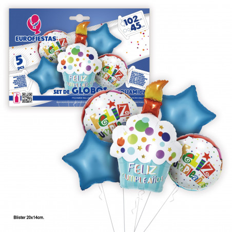 Conjunto de balões de papel alumínio pastel Happy Birthday círculos azuis e estrelas 102cm