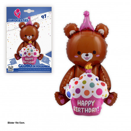 Balão foil urso 97cm feliz aniversário marrom
