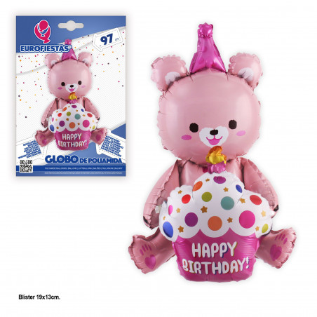 Balão foil urso 97cm feliz aniversário rosa