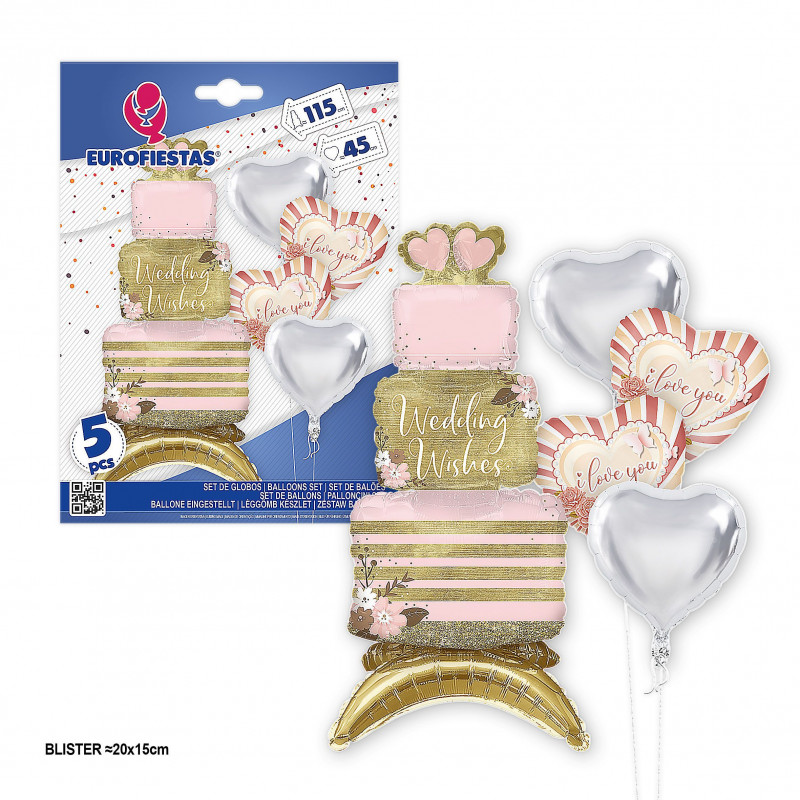 Conjunto de balões de alumínio, desejos de casamento, bolo e corações de eu te amo