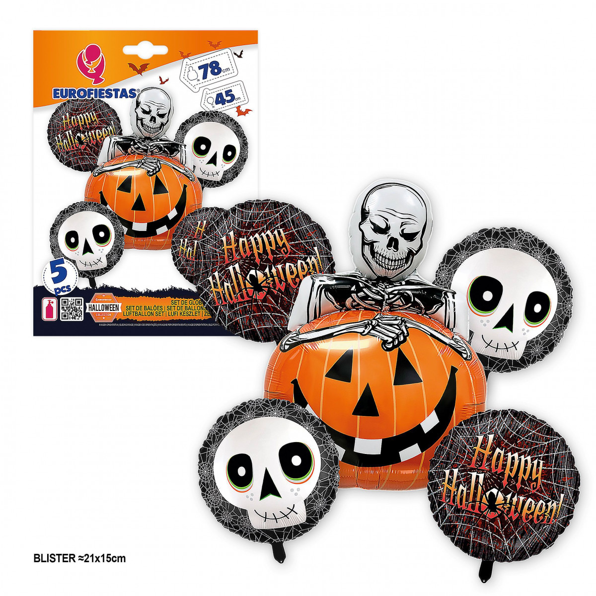 Conjunto de 5 balões de alumínio Happy Halloween, abóbora e esqueleto